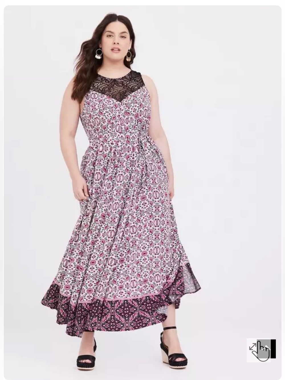 Pink Floral Mixed Print Lace Yoke Challis Maxi Dress
